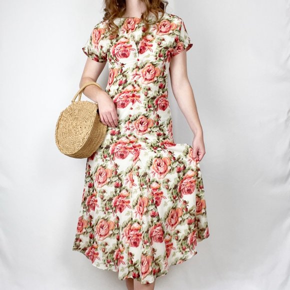 Vintage Floral Fit & Flare Pleated Button Up Midi Maxi Dress Spring Summer Sun - Picture 6 of 6